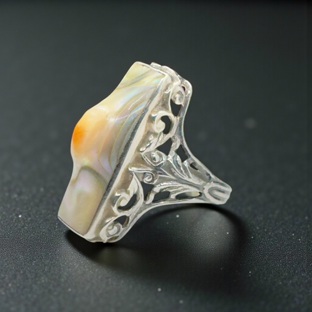 Vintage Art Deco Sterling Rectangular Abalone Blister Pearl Ring - Picture 8 of 14